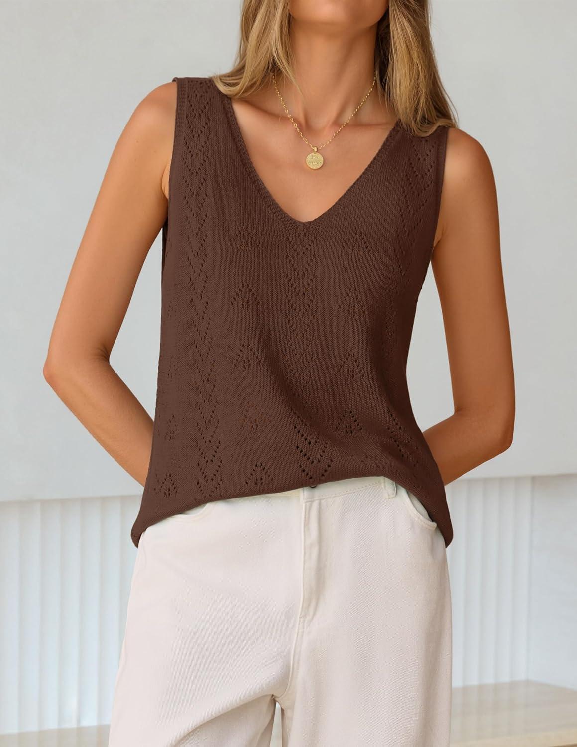 imageZESICA Womens Summer Crochet Sleeveless V Neck Vest Tops 2026 Casual Lightweight Knit Sweaters Fashion Vacation ClothesBrown