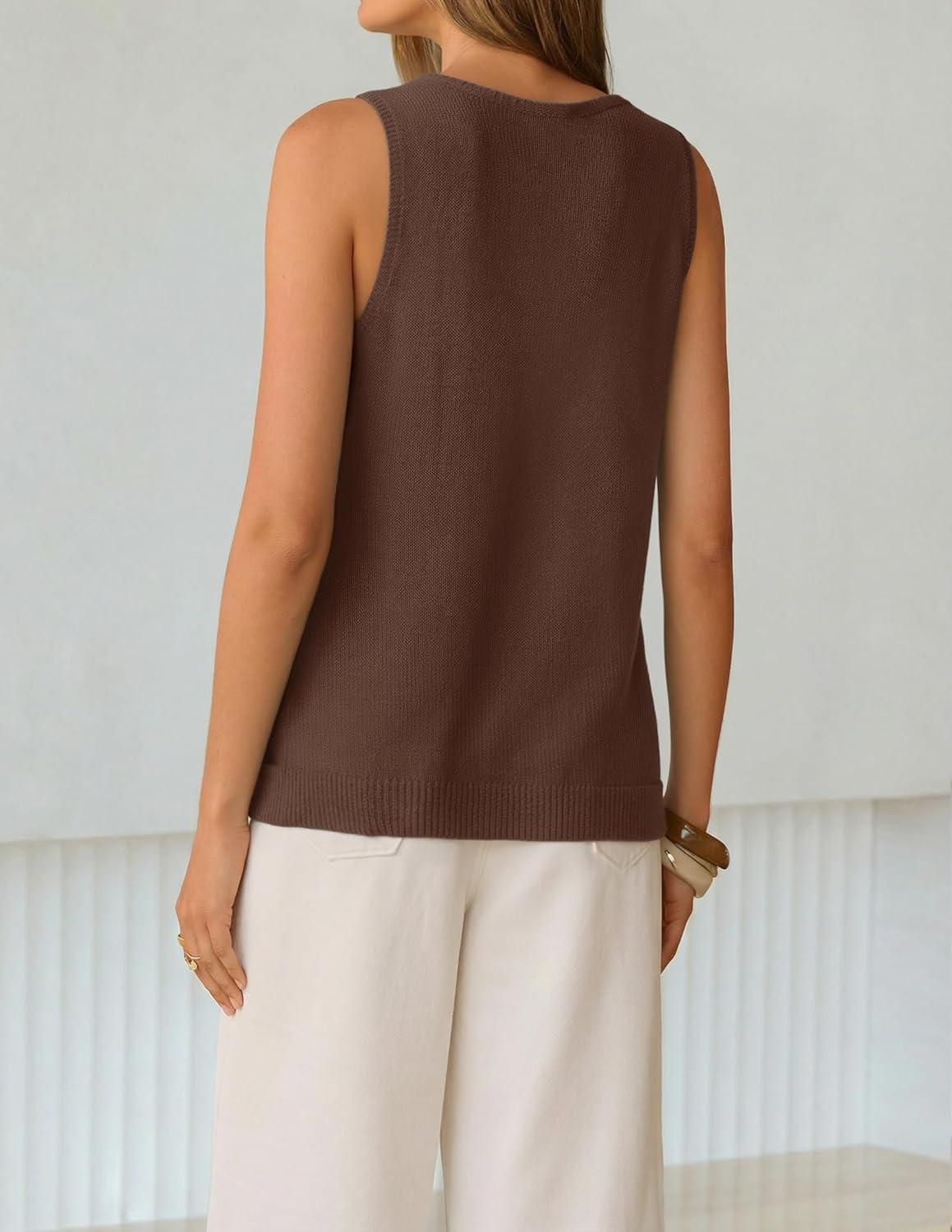 imageZESICA Womens Summer Crochet Sleeveless V Neck Vest Tops 2026 Casual Lightweight Knit Sweaters Fashion Vacation ClothesBrown