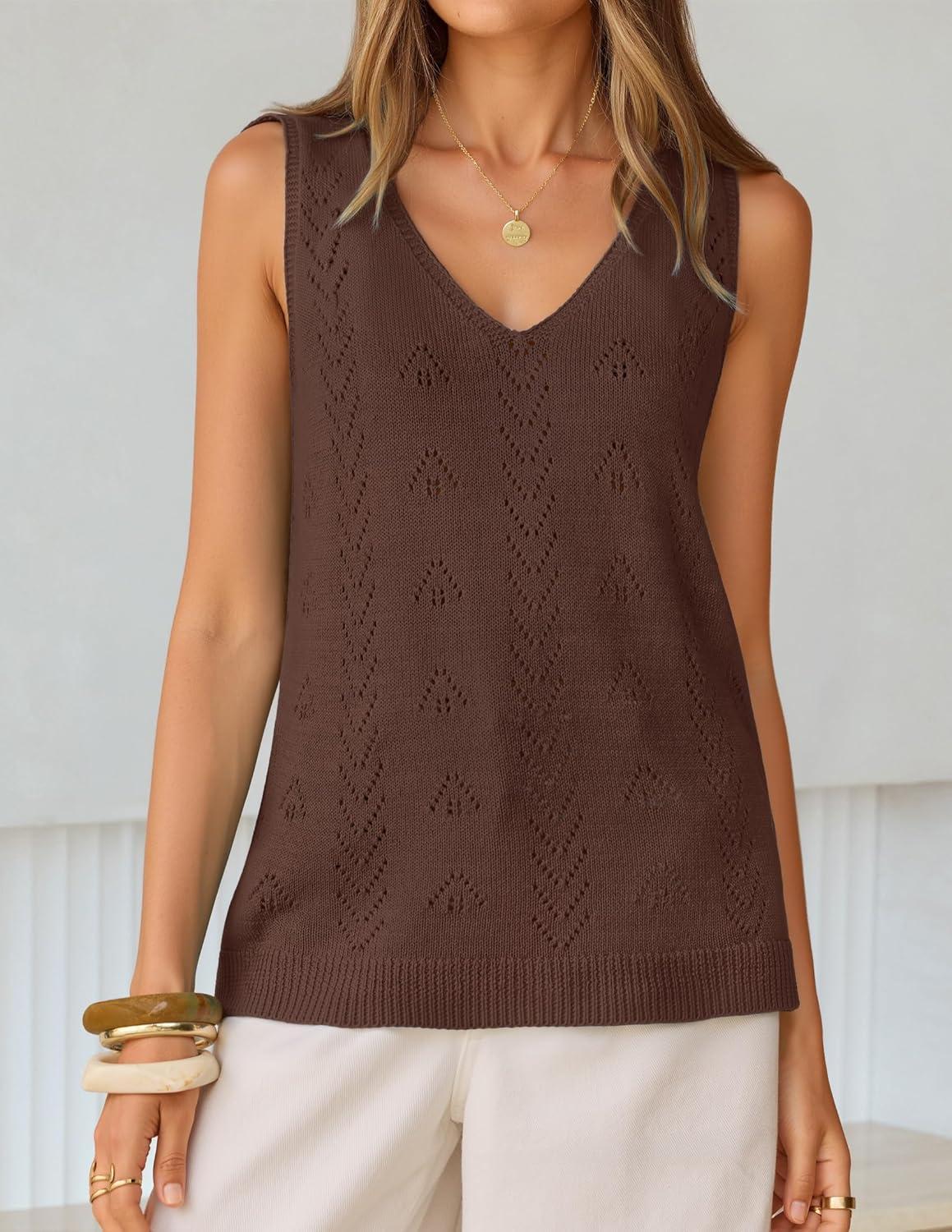 imageZESICA Womens Summer Crochet Sleeveless V Neck Vest Tops 2026 Casual Lightweight Knit Sweaters Fashion Vacation ClothesBrown
