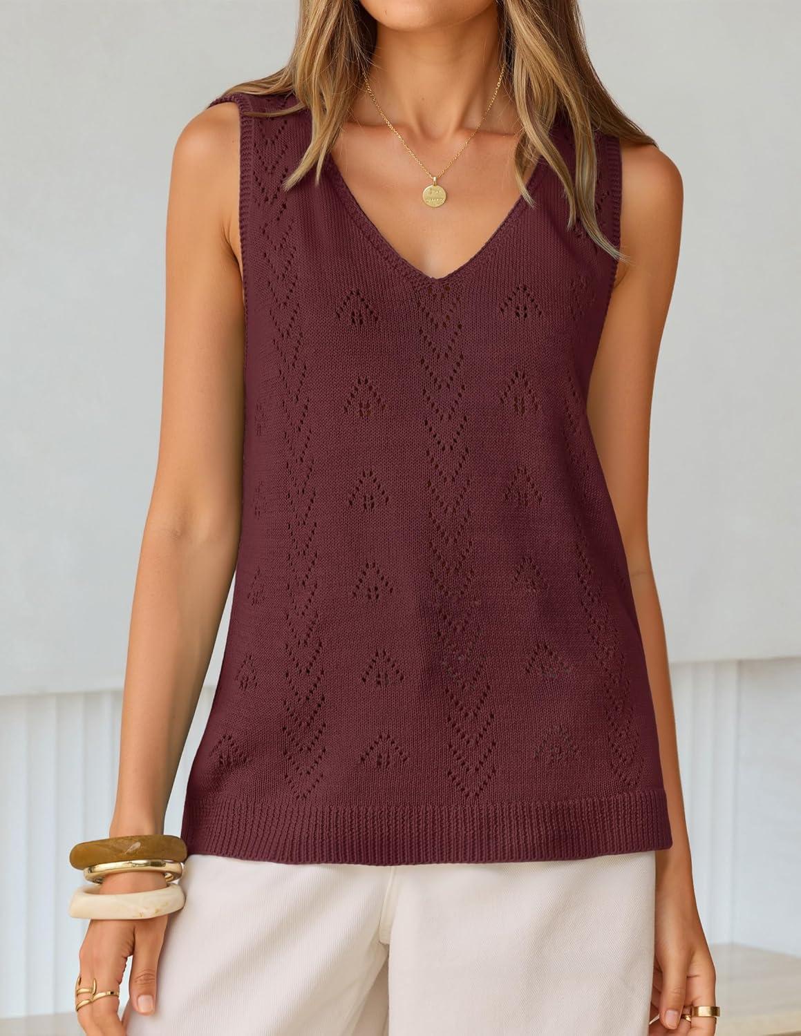 imageZESICA Womens Summer Crochet Sleeveless V Neck Vest Tops 2026 Casual Lightweight Knit Sweaters Fashion Vacation ClothesBurgundy