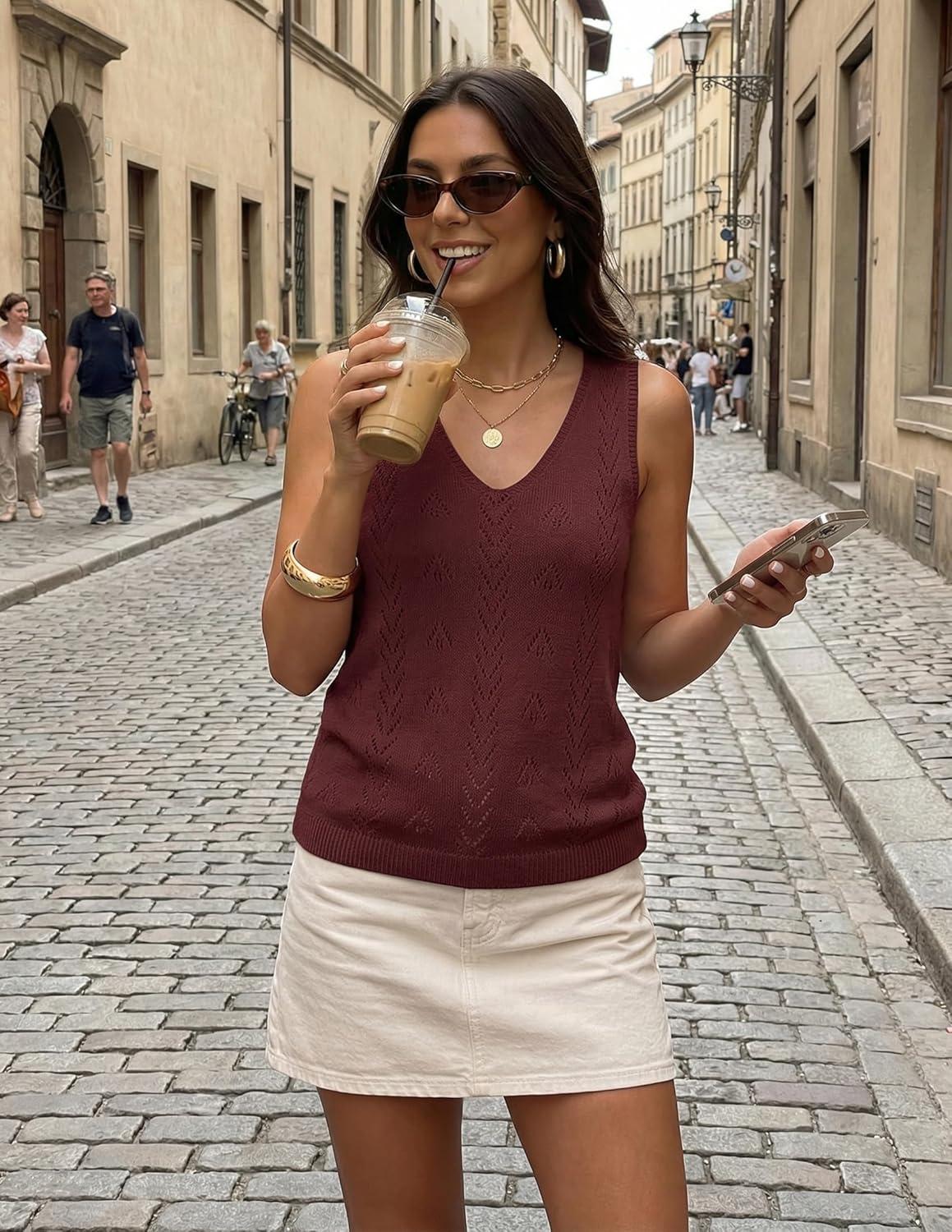 imageZESICA Womens Summer Crochet Sleeveless V Neck Vest Tops 2026 Casual Lightweight Knit Sweaters Fashion Vacation ClothesBurgundy