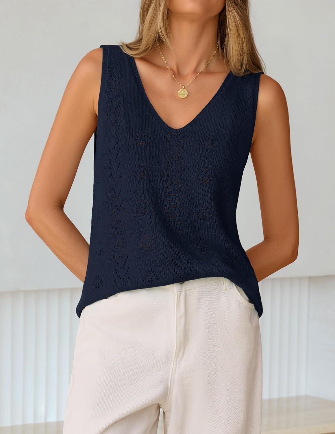 imageZESICA Womens Summer Crochet Sleeveless V Neck Vest Tops 2026 Casual Lightweight Knit Sweaters Fashion Vacation ClothesNavyblue