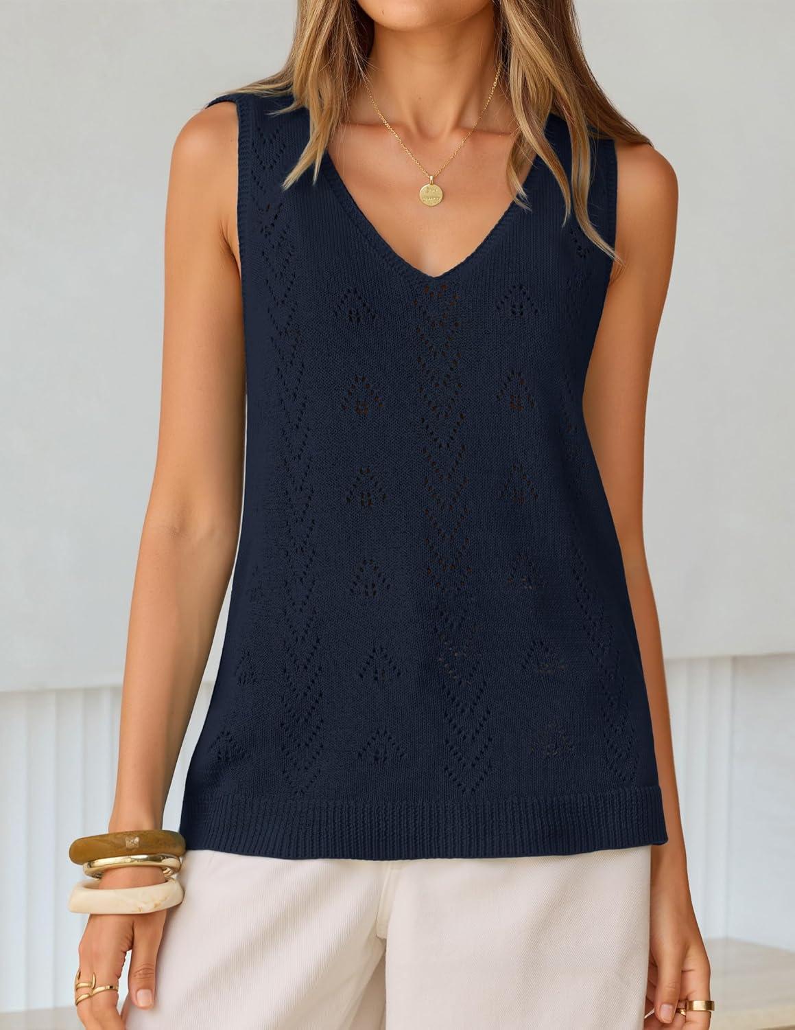 imageZESICA Womens Summer Crochet Sleeveless V Neck Vest Tops 2026 Casual Lightweight Knit Sweaters Fashion Vacation ClothesNavyblue