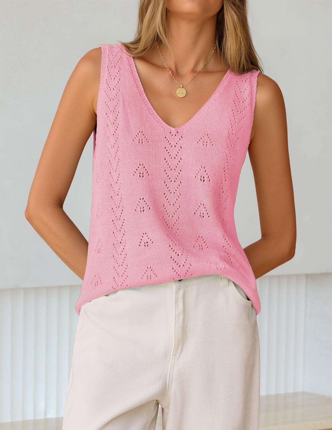 imageZESICA Womens Summer Crochet Sleeveless V Neck Vest Tops 2026 Casual Lightweight Knit Sweaters Fashion Vacation ClothesPink