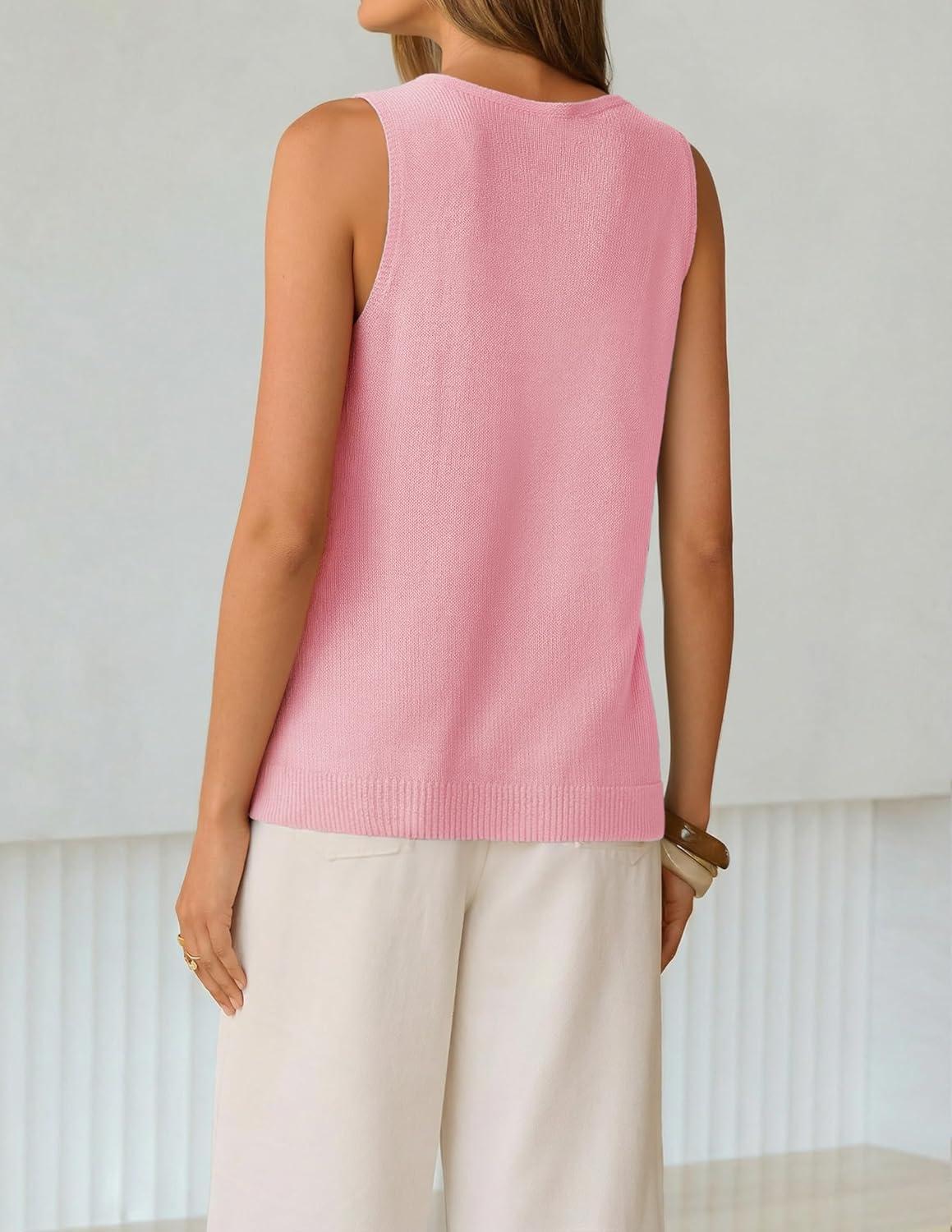 imageZESICA Womens Summer Crochet Sleeveless V Neck Vest Tops 2026 Casual Lightweight Knit Sweaters Fashion Vacation ClothesPink