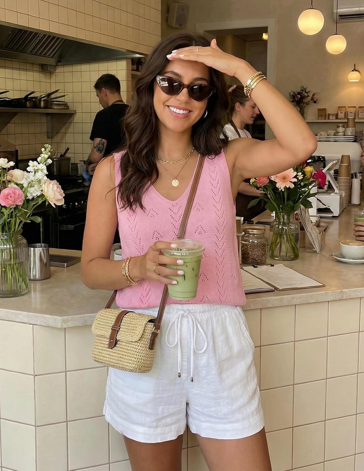 imageZESICA Womens Summer Crochet Sleeveless V Neck Vest Tops 2026 Casual Lightweight Knit Sweaters Fashion Vacation ClothesPink