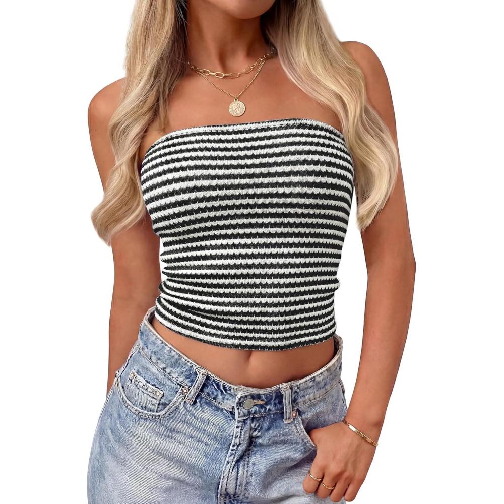 imageZESICA Womens Spring Striped Strapless Crop Tube Tops 2026 Summer Knit Bandeau Going Out Shirts Y2K Beach Vacation OutfitsBlack