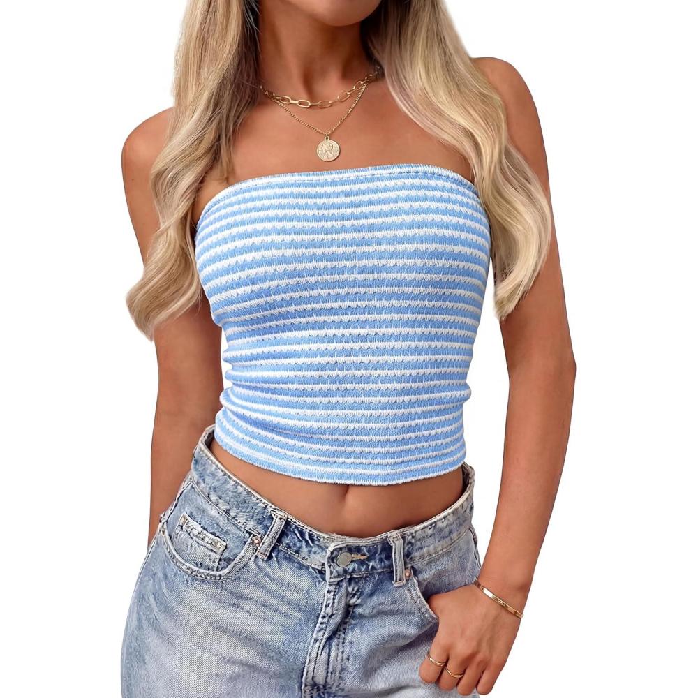 imageZESICA Womens Spring Striped Strapless Crop Tube Tops 2026 Summer Knit Bandeau Going Out Shirts Y2K Beach Vacation OutfitsLightblue