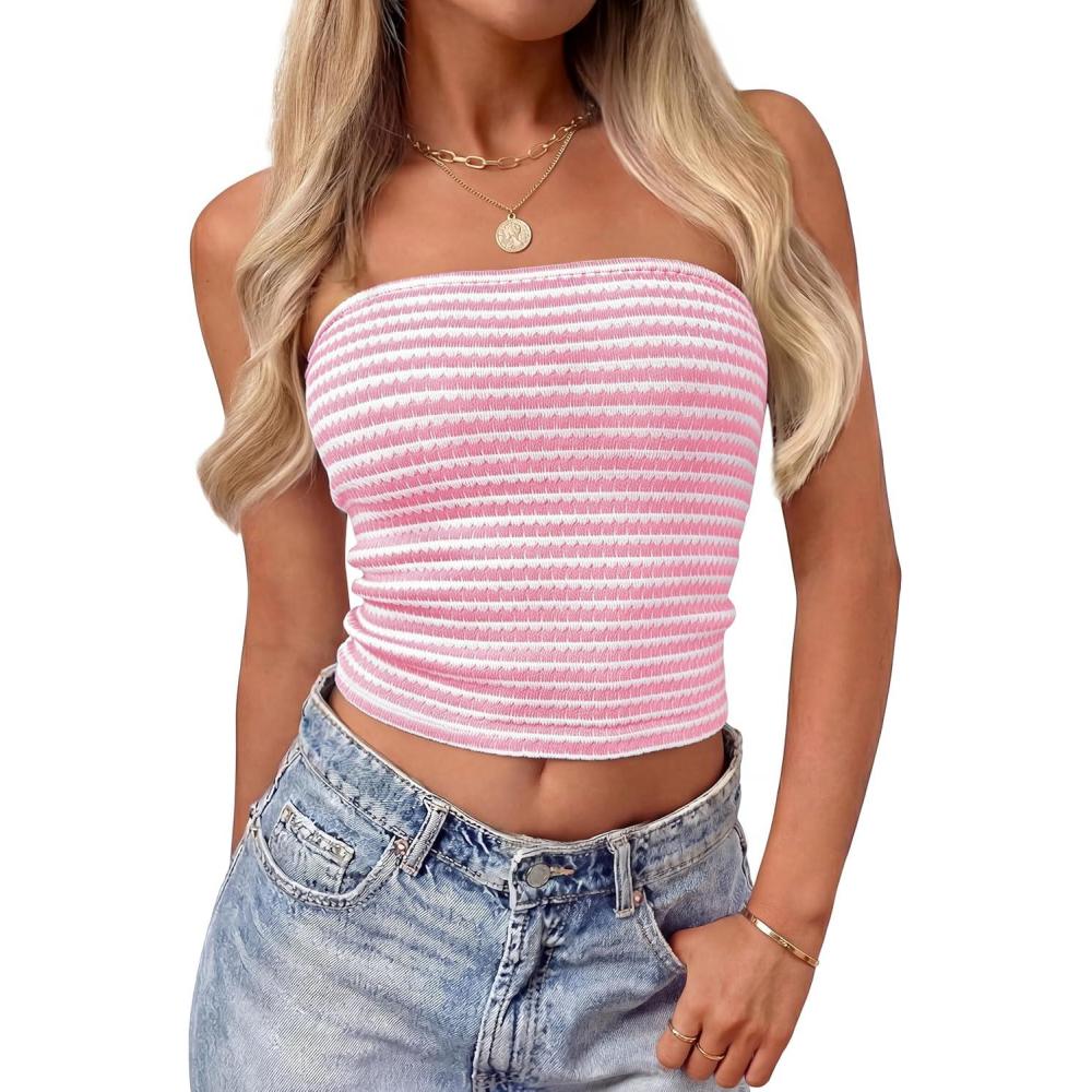 imageZESICA Womens Spring Striped Strapless Crop Tube Tops 2026 Summer Knit Bandeau Going Out Shirts Y2K Beach Vacation OutfitsPink