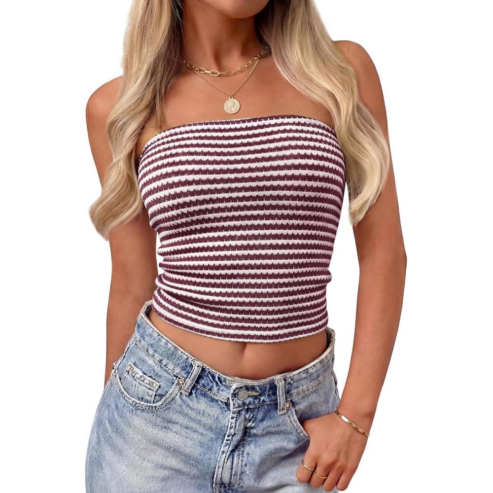 imageZESICA Womens Spring Striped Strapless Crop Tube Tops 2026 Summer Knit Bandeau Going Out Shirts Y2K Beach Vacation OutfitsWine