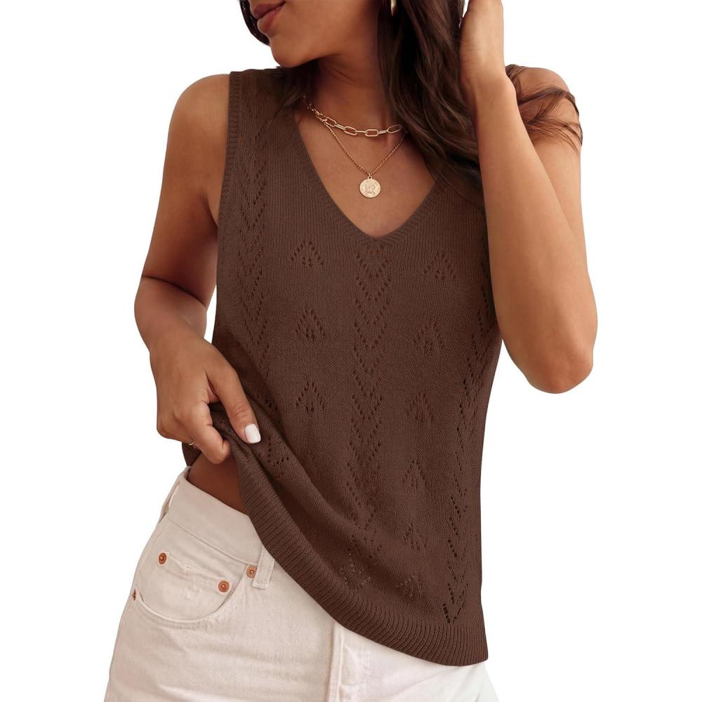 imageZESICA Womens Summer Crochet Sleeveless V Neck Vest Tops 2026 Casual Lightweight Knit Sweaters Fashion Vacation ClothesBrown