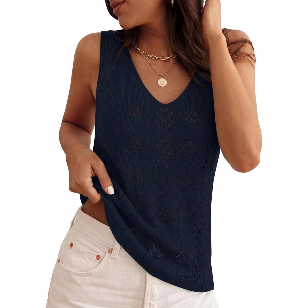 imageZESICA Womens Summer Crochet Sleeveless V Neck Vest Tops 2026 Casual Lightweight Knit Sweaters Fashion Vacation ClothesNavyblue