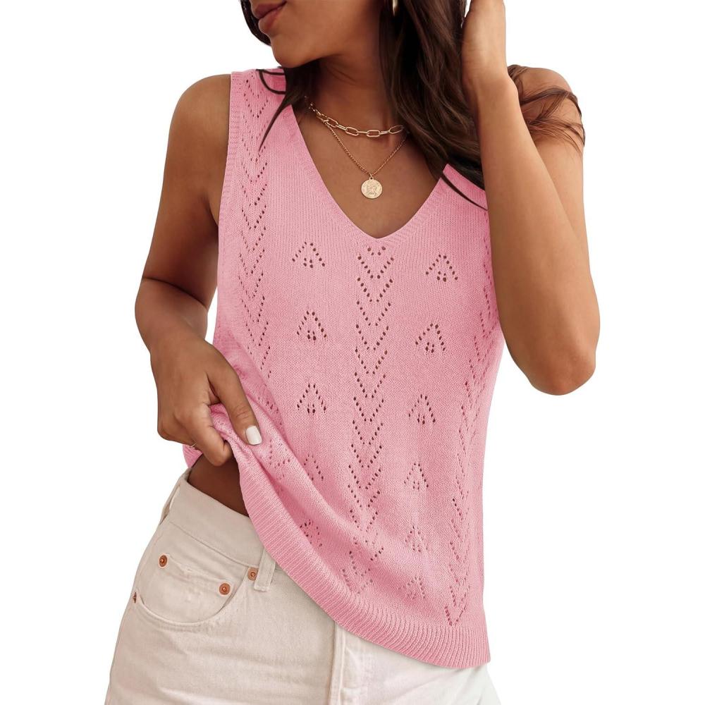 imageZESICA Womens Summer Crochet Sleeveless V Neck Vest Tops 2026 Casual Lightweight Knit Sweaters Fashion Vacation ClothesPink