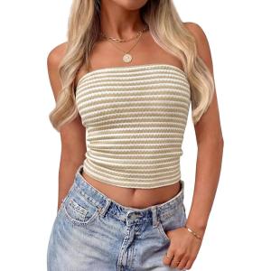ZESICA Women’s Spring Striped Strapless Crop Tube Tops 2026 Summer Knit Bandeau Going Out Shirts Y2K Beach Vacation Outfits(Apricot)