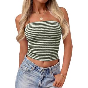 ZESICA Women’s Spring Striped Strapless Crop Tube Tops 2026 Summer Knit Bandeau Going Out Shirts Y2K Beach Vacation Outfits(Armygreen)