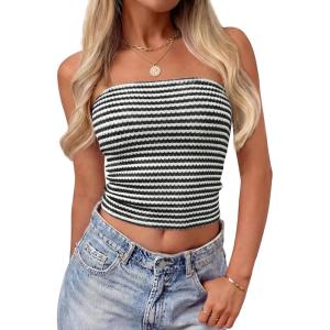 ZESICA Women’s Spring Striped Strapless Crop Tube Tops 2026 Summer Knit Bandeau Going Out Shirts Y2K Beach Vacation Outfits(Black)