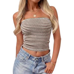 ZESICA Women’s Spring Striped Strapless Crop Tube Tops 2026 Summer Knit Bandeau Going Out Shirts Y2K Beach Vacation Outfits(Brown)