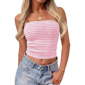 ZESICA Women’s Spring Striped Strapless Crop Tube Tops 2026 Summer Knit Bandeau Going Out Shirts Y2K Beach Vacation Outfits(Pink)