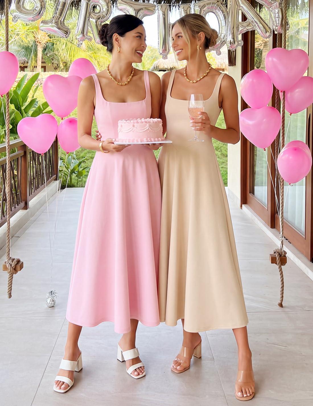 imageZESICA Womens Summer Sleeveless Midi Dress 2026 Square Neck Wedding Guest Beach Casual Flowy Long Dresses with PocketsApricot