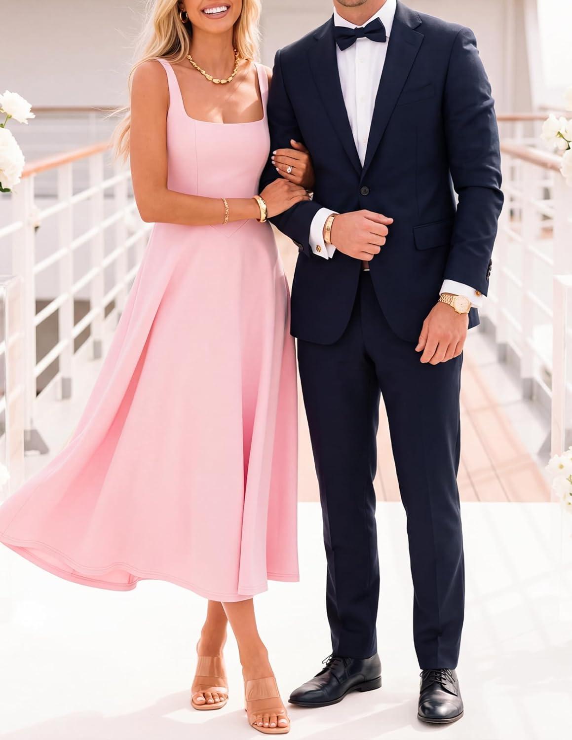 imageZESICA Womens Summer Sleeveless Midi Dress 2026 Square Neck Wedding Guest Beach Casual Flowy Long Dresses with PocketsPink