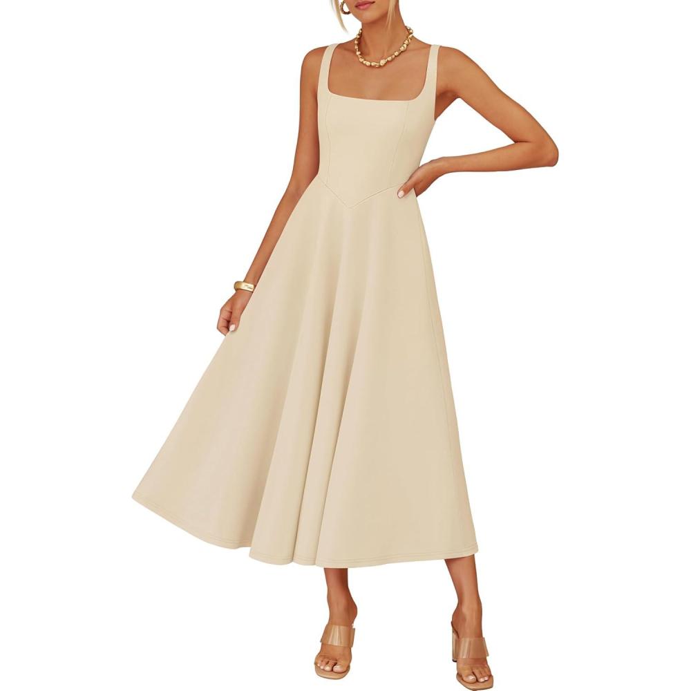 imageZESICA Womens Summer Sleeveless Midi Dress 2026 Square Neck Wedding Guest Beach Casual Flowy Long Dresses with PocketsApricot