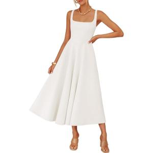 ZESICA Women’s Summer Sleeveless Midi Dress 2026 Square Neck Wedding Guest Beach Casual Flowy Long Dresses with Pockets(White)