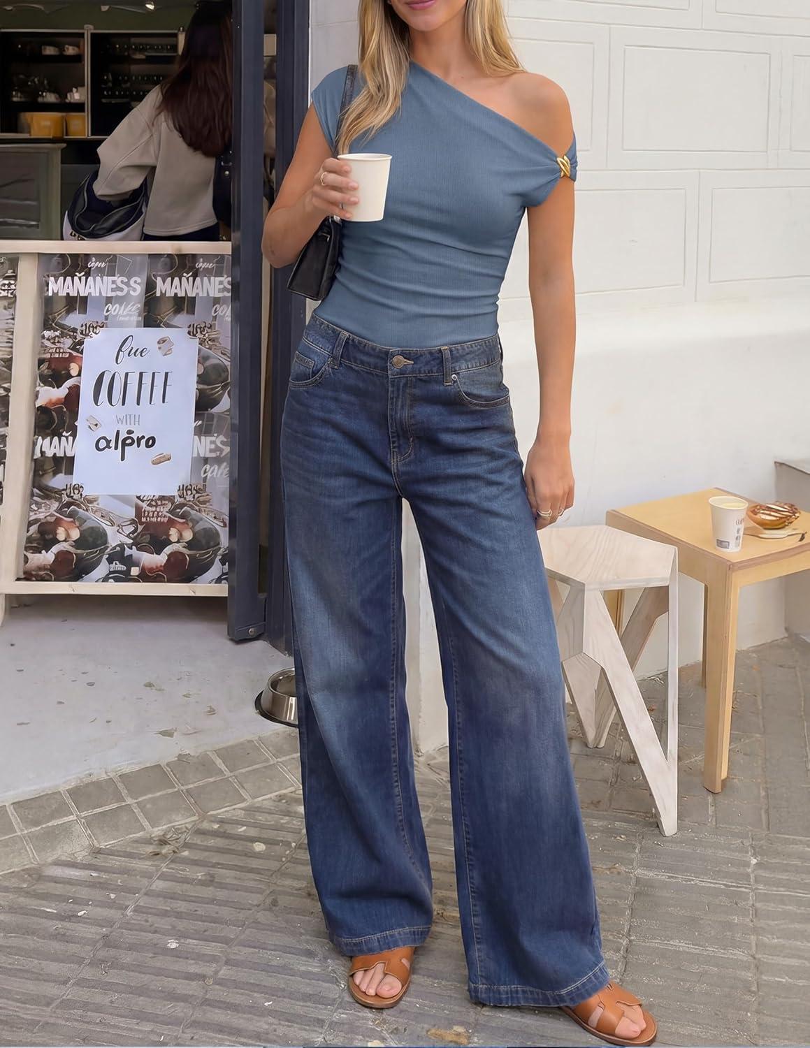 imageZESICA Womens 2026 Summer Off Shoulder Tops Going Out Sexy Y2k Shirts Spring Cap Sleeve Ruched Asymmetrical BlousesDusty Blue