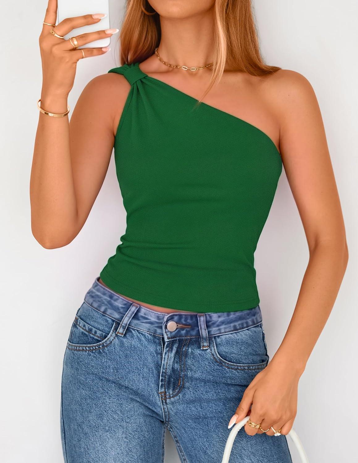imageZESICA Womens Summer One Shoulder Going Out Tops 2026 Trendy Sleeveless Fitted Fashion Floral Y2K ShirtsSolidgreen