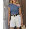 ZESICA Women’s 2026 Summer Off Shoulder Tops Going Out Sexy Y2k Shirts Spring Cap Sleeve Ruched Asymmetrical Blouses(Dusty Blue)