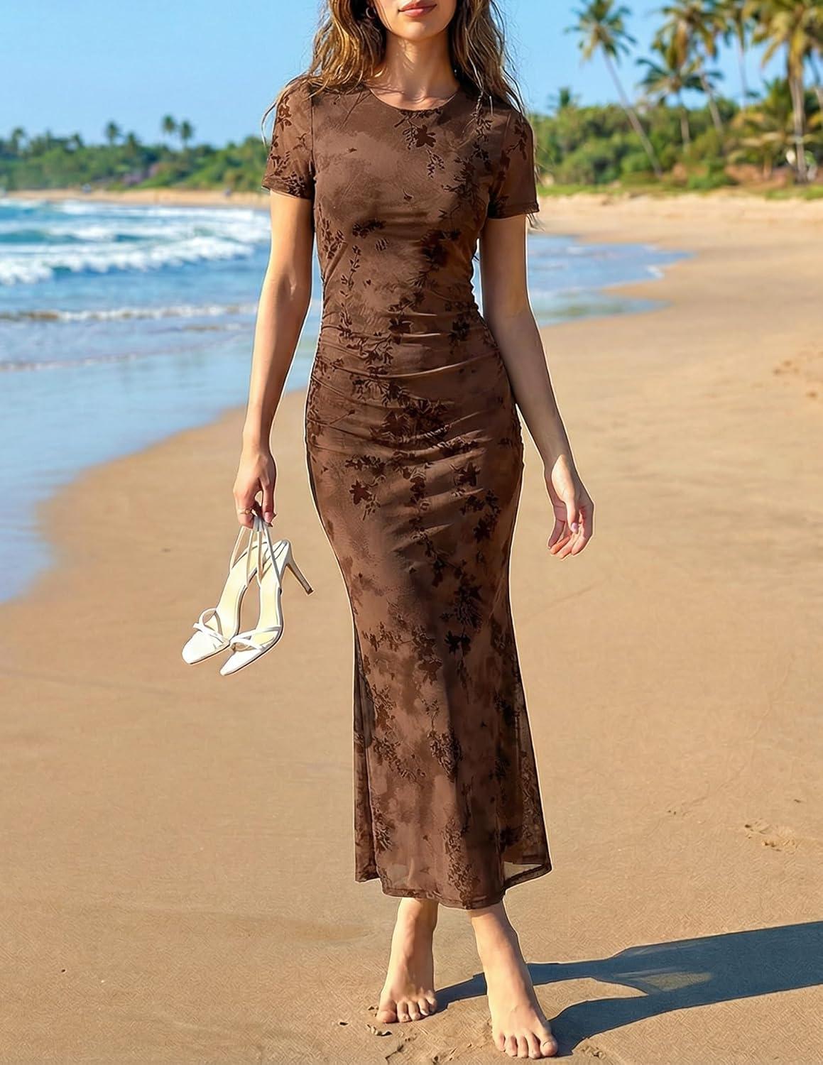 imageZESICA Womens Summer Floral Bodycon Long Dress Ruched Mesh Beach Vacation Formal Cocktail Party Wedding Guest Maxi DressesBrown