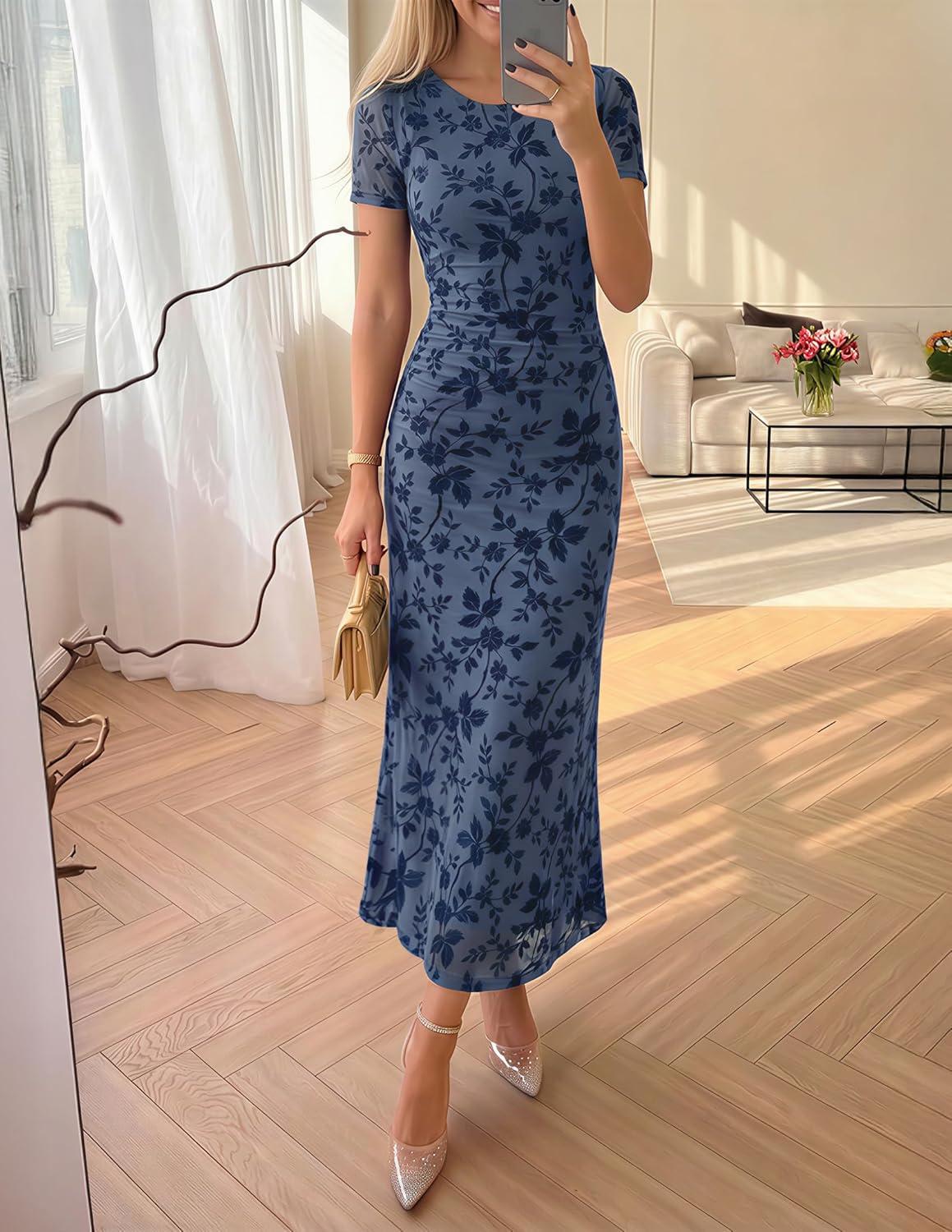 imageZESICA Womens Summer Floral Bodycon Long Dress Ruched Mesh Beach Vacation Formal Cocktail Party Wedding Guest Maxi DressesDustyblue