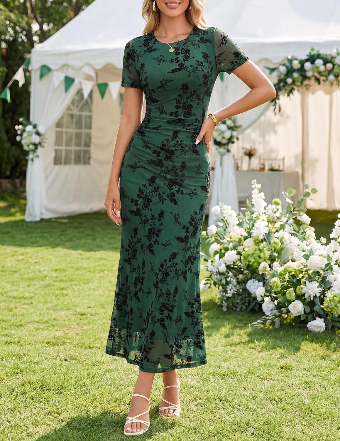 imageZESICA Womens Summer Floral Bodycon Long Dress Ruched Mesh Beach Vacation Formal Cocktail Party Wedding Guest Maxi DressesGreen