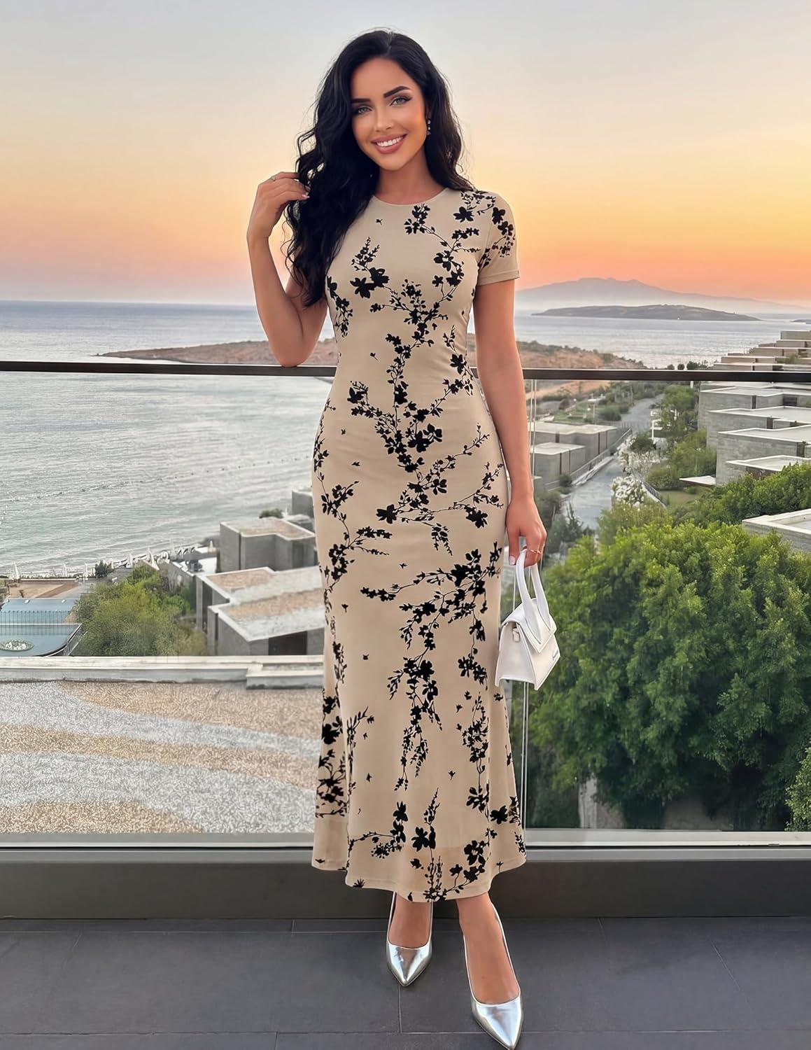 imageZESICA Womens Summer Floral Bodycon Long Dress Ruched Mesh Beach Vacation Formal Cocktail Party Wedding Guest Maxi DressesLight Khaki
