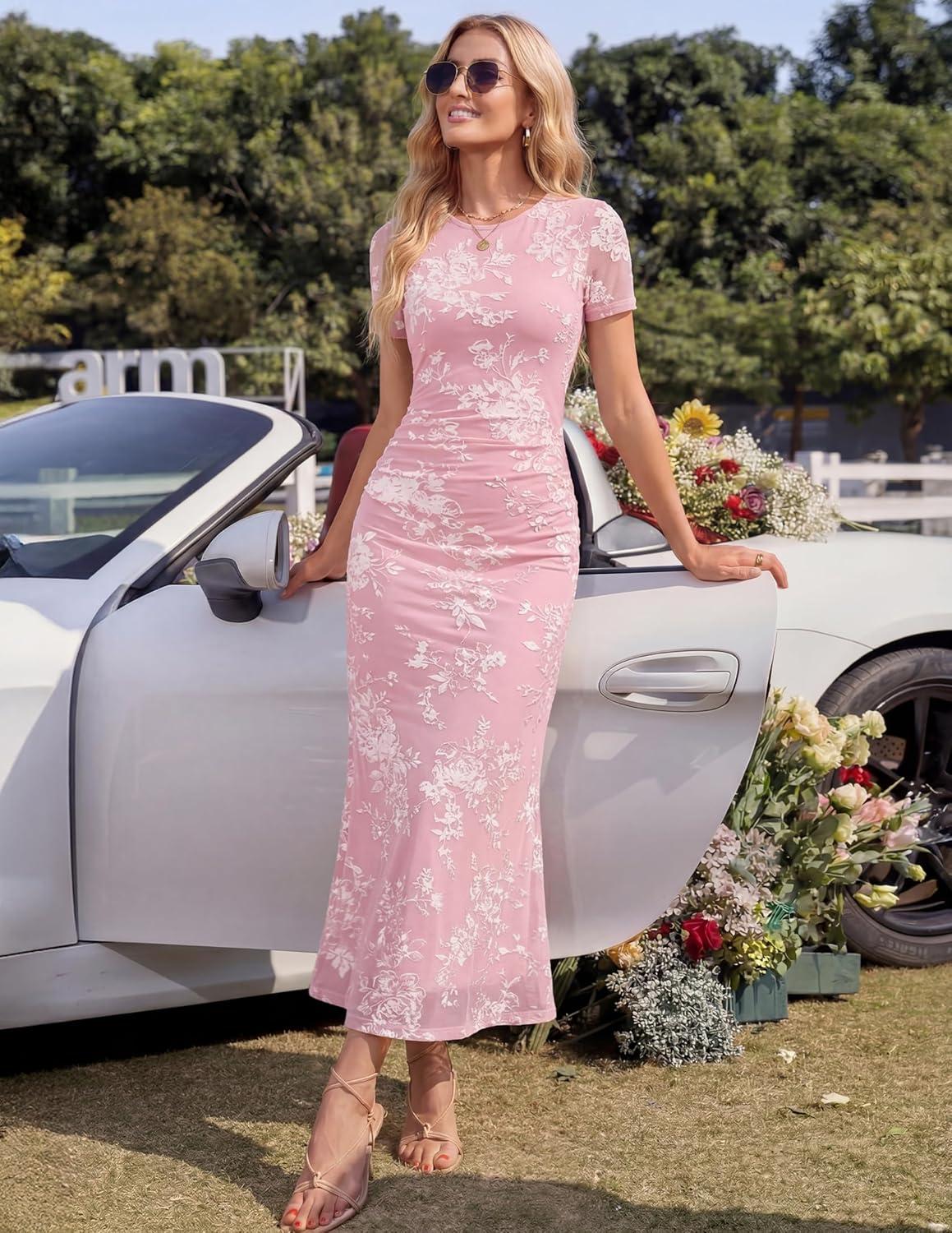 imageZESICA Womens Summer Floral Bodycon Long Dress Ruched Mesh Beach Vacation Formal Cocktail Party Wedding Guest Maxi DressesLight Pink