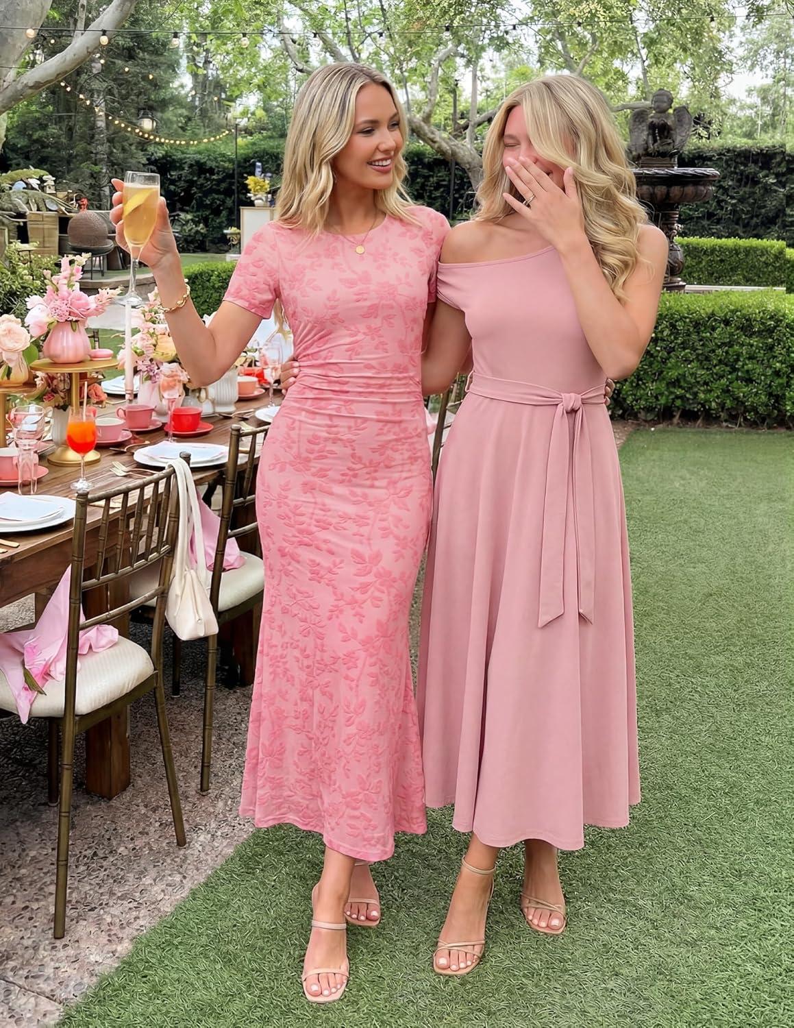imageZESICA Womens Summer Floral Bodycon Long Dress Ruched Mesh Beach Vacation Formal Cocktail Party Wedding Guest Maxi DressesShrimp Pink