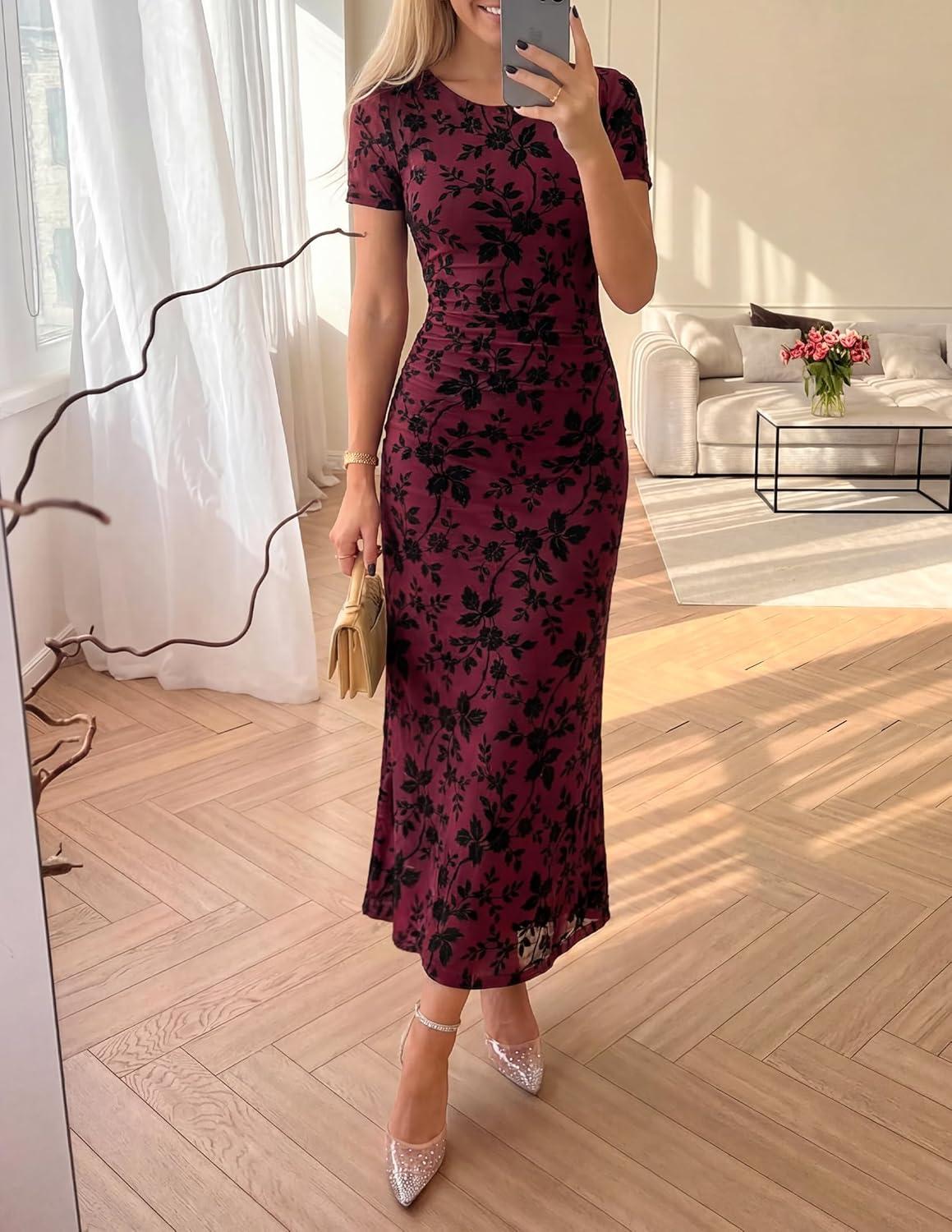imageZESICA Womens Summer Floral Bodycon Long Dress Ruched Mesh Beach Vacation Formal Cocktail Party Wedding Guest Maxi DressesWine