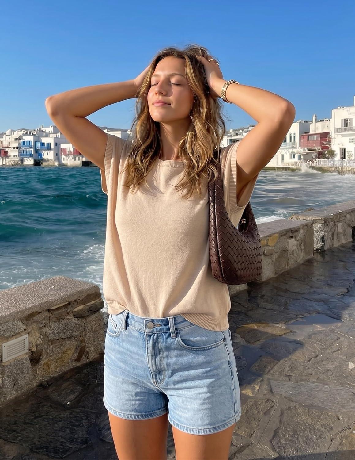 imageZESICA Womens Summer Wool Blend Short Sleeve Sweater Top 2026 Business Casual Lightweight Trendy Tank TopsApricot