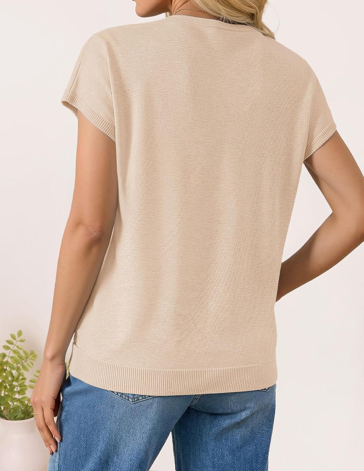 imageZESICA Womens Summer Wool Blend Short Sleeve Sweater Top 2026 Business Casual Lightweight Trendy Tank TopsApricot