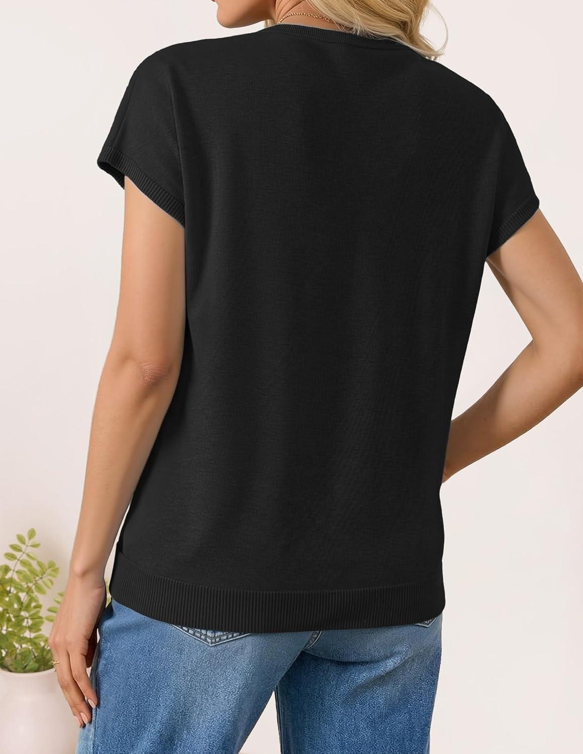 imageZESICA Womens Summer Wool Blend Short Sleeve Sweater Top 2026 Business Casual Lightweight Trendy Tank TopsBlack