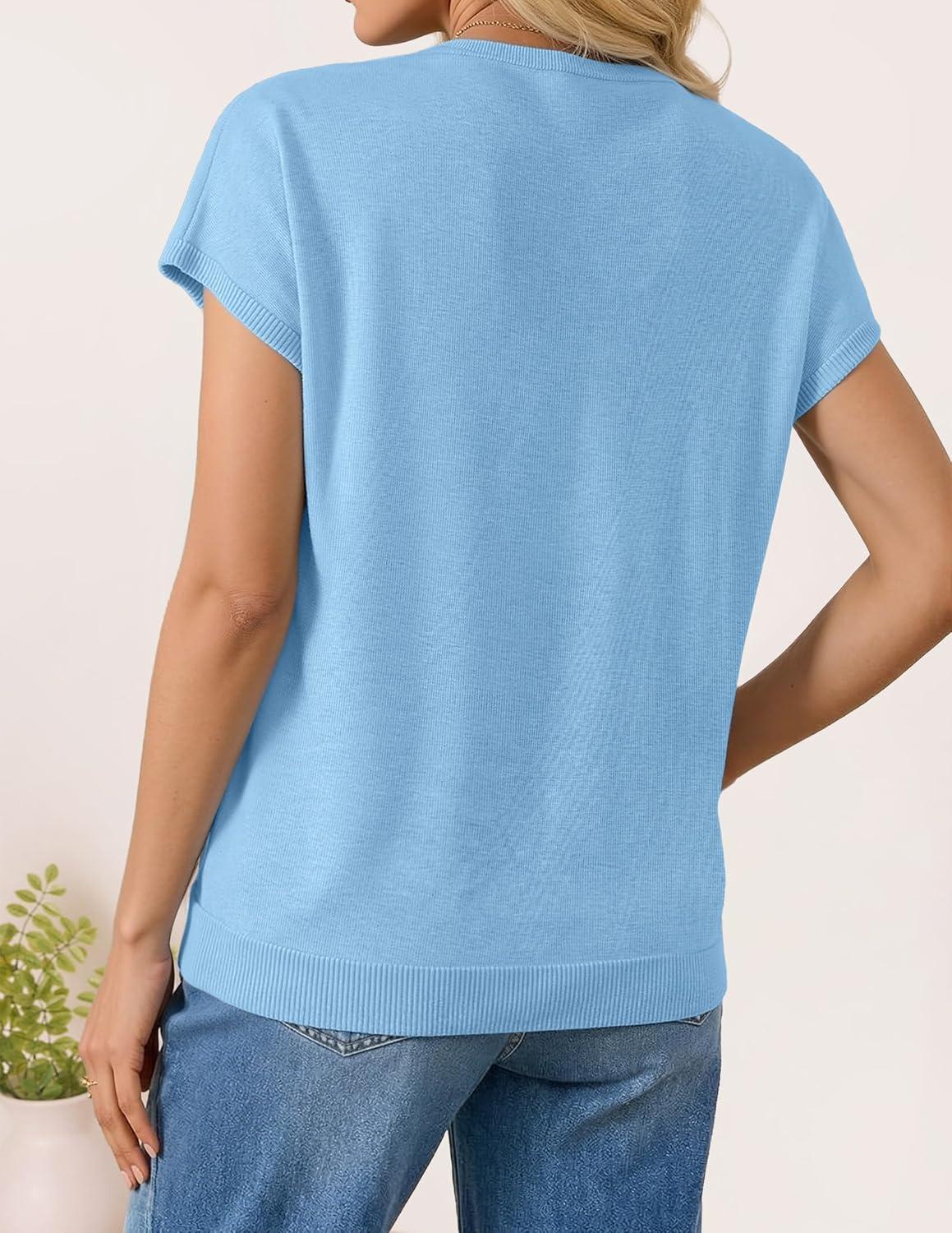 imageZESICA Womens Summer Wool Blend Short Sleeve Sweater Top 2026 Business Casual Lightweight Trendy Tank TopsBlue
