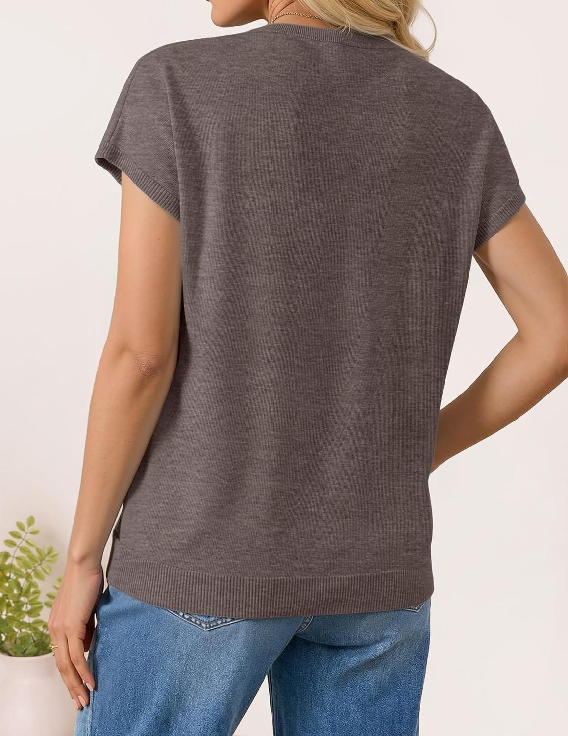 imageZESICA Womens Summer Wool Blend Short Sleeve Sweater Top 2026 Business Casual Lightweight Trendy Tank TopsCoffee