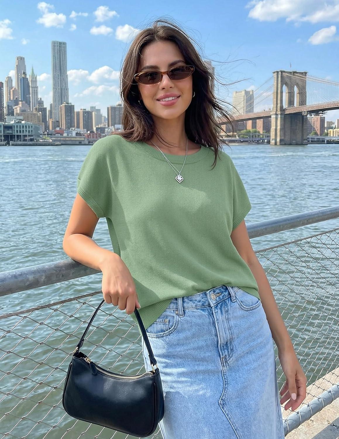 imageZESICA Womens Summer Wool Blend Short Sleeve Sweater Top 2026 Business Casual Lightweight Trendy Tank TopsLight Green
