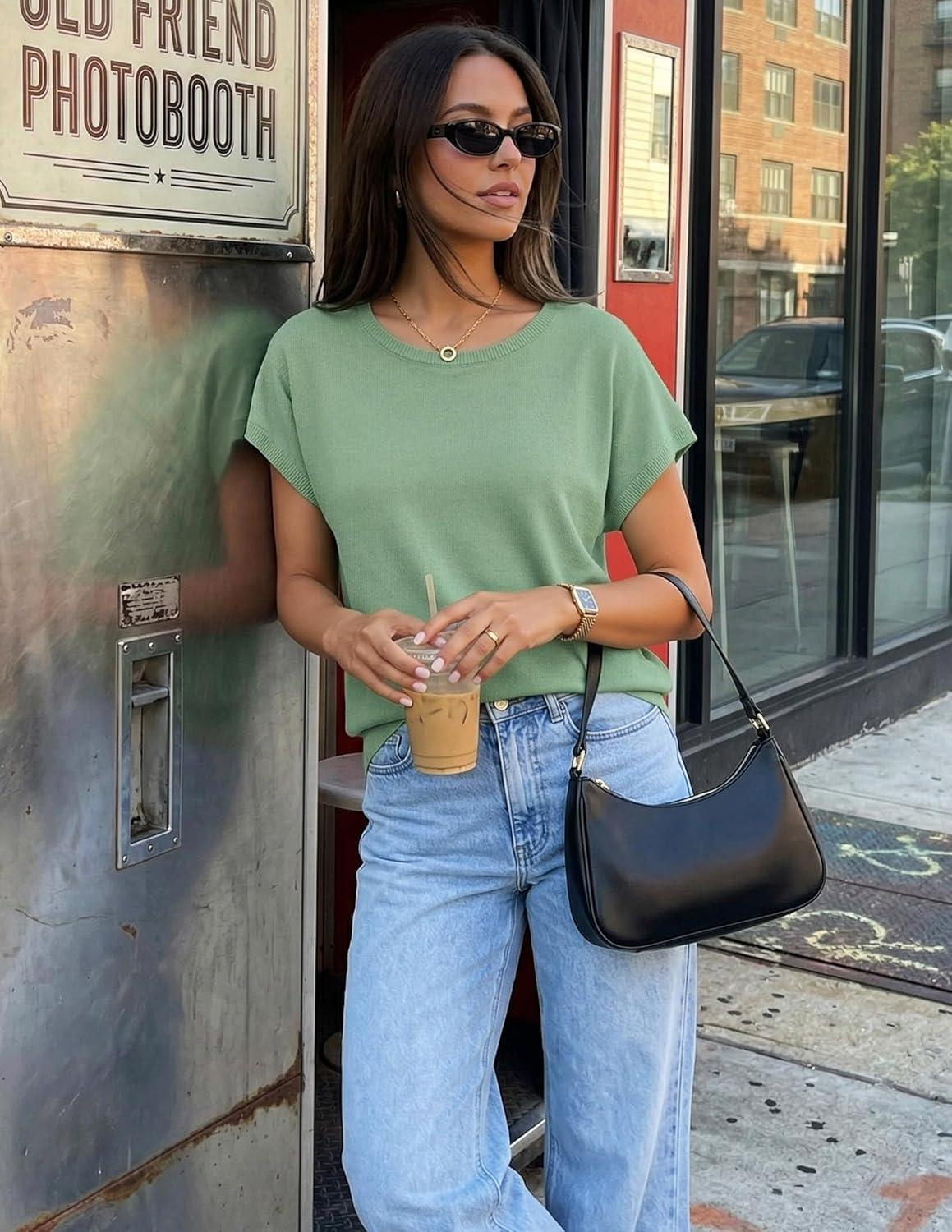 imageZESICA Womens Summer Wool Blend Short Sleeve Sweater Top 2026 Business Casual Lightweight Trendy Tank TopsLight Green
