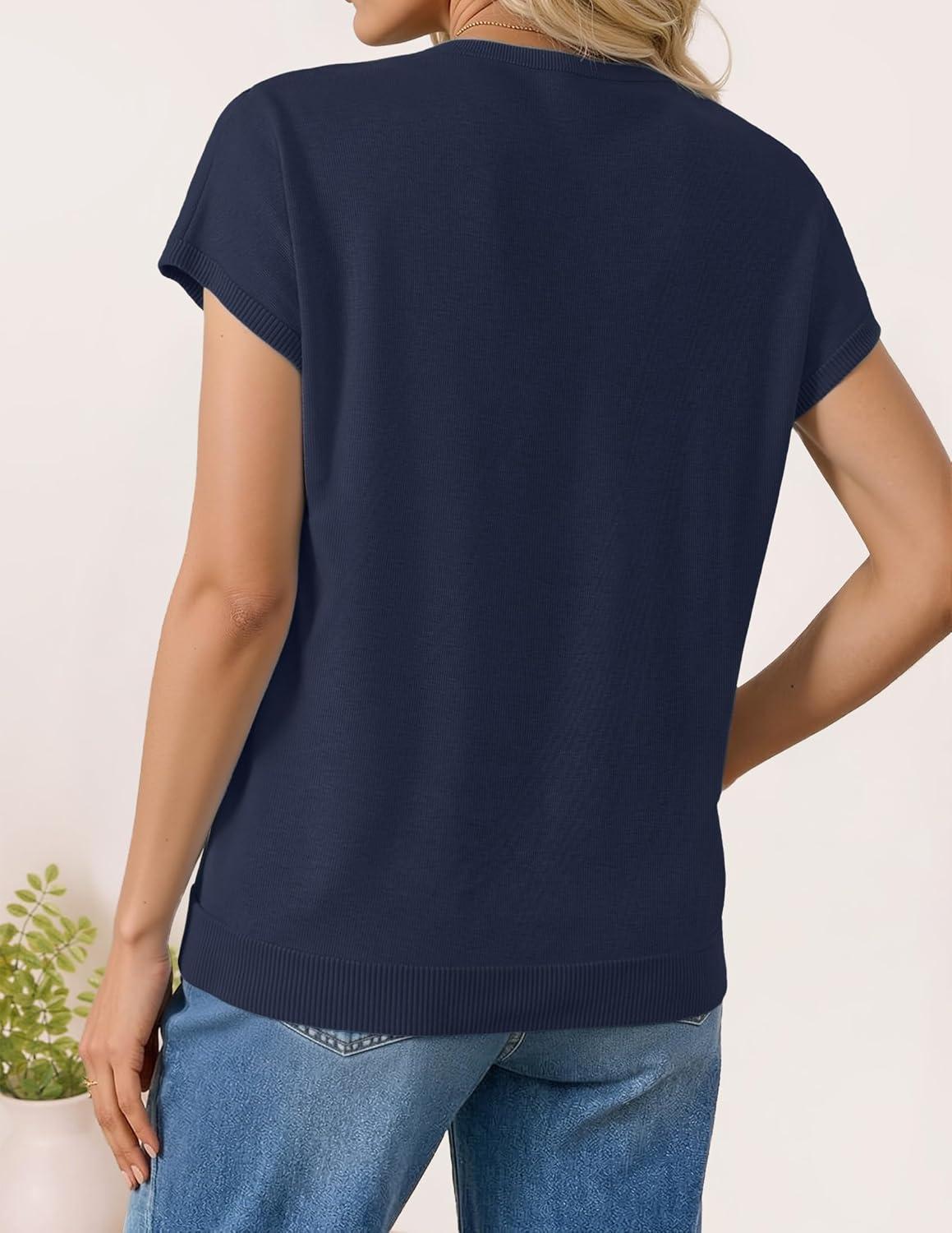 imageZESICA Womens Summer Wool Blend Short Sleeve Sweater Top 2026 Business Casual Lightweight Trendy Tank TopsNavy