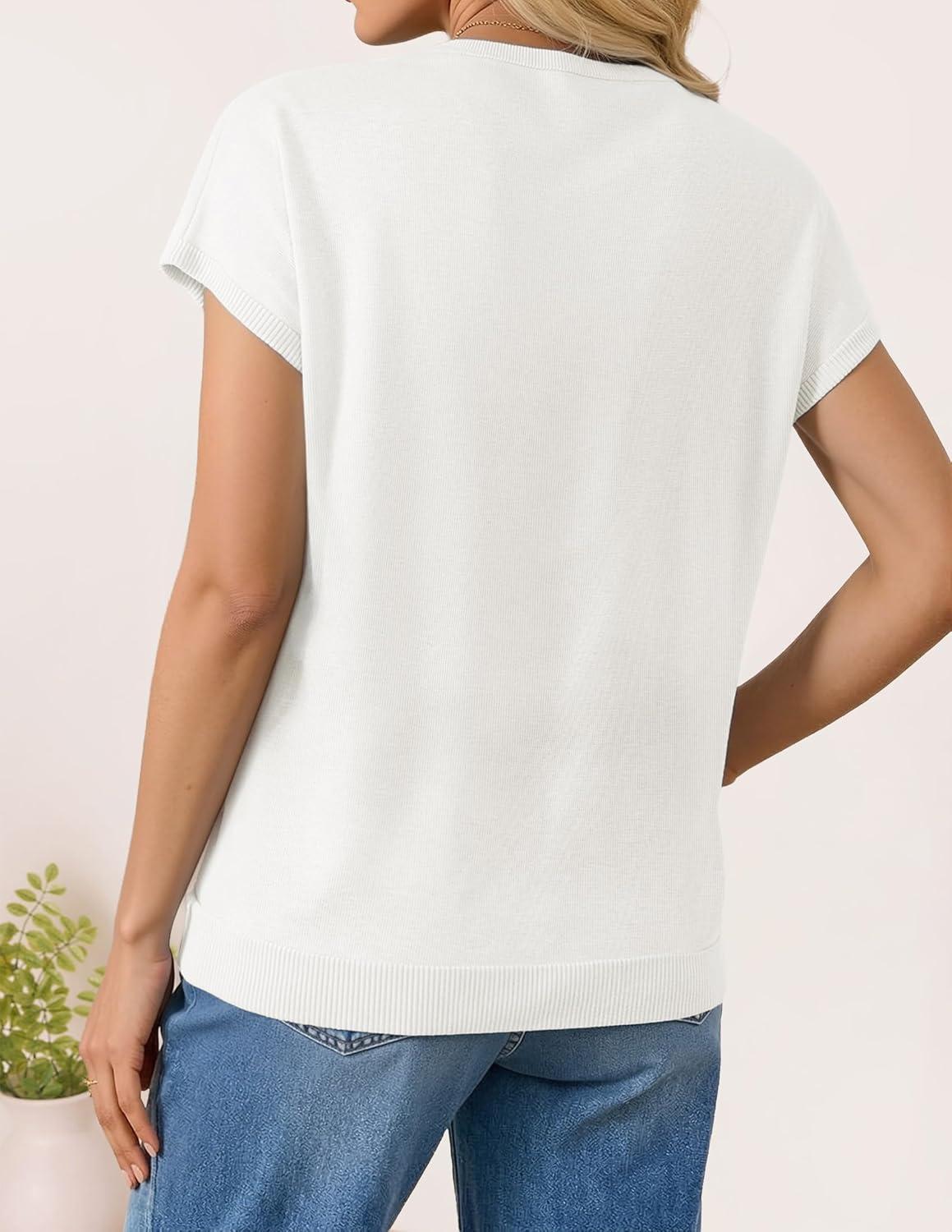 imageZESICA Womens Summer Wool Blend Short Sleeve Sweater Top 2026 Business Casual Lightweight Trendy Tank TopsWhite