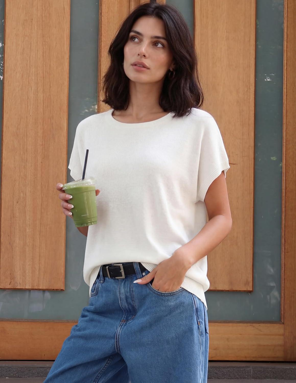 imageZESICA Womens Summer Wool Blend Short Sleeve Sweater Top 2026 Business Casual Lightweight Trendy Tank TopsWhite