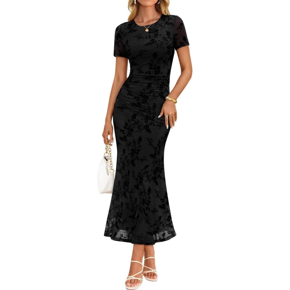 imageZESICA Womens Summer Floral Bodycon Long Dress Ruched Mesh Beach Vacation Formal Cocktail Party Wedding Guest Maxi DressesBlack