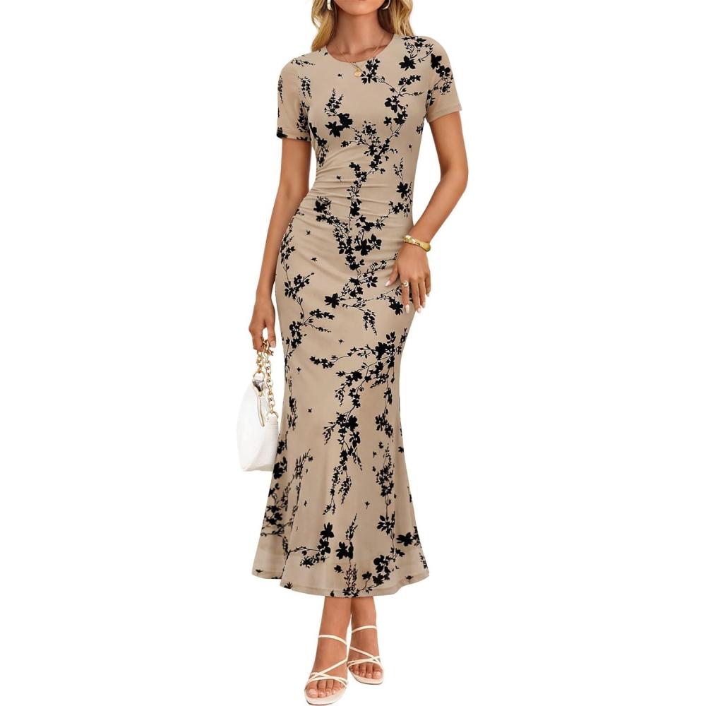 imageZESICA Womens Summer Floral Bodycon Long Dress Ruched Mesh Beach Vacation Formal Cocktail Party Wedding Guest Maxi DressesLight Khaki