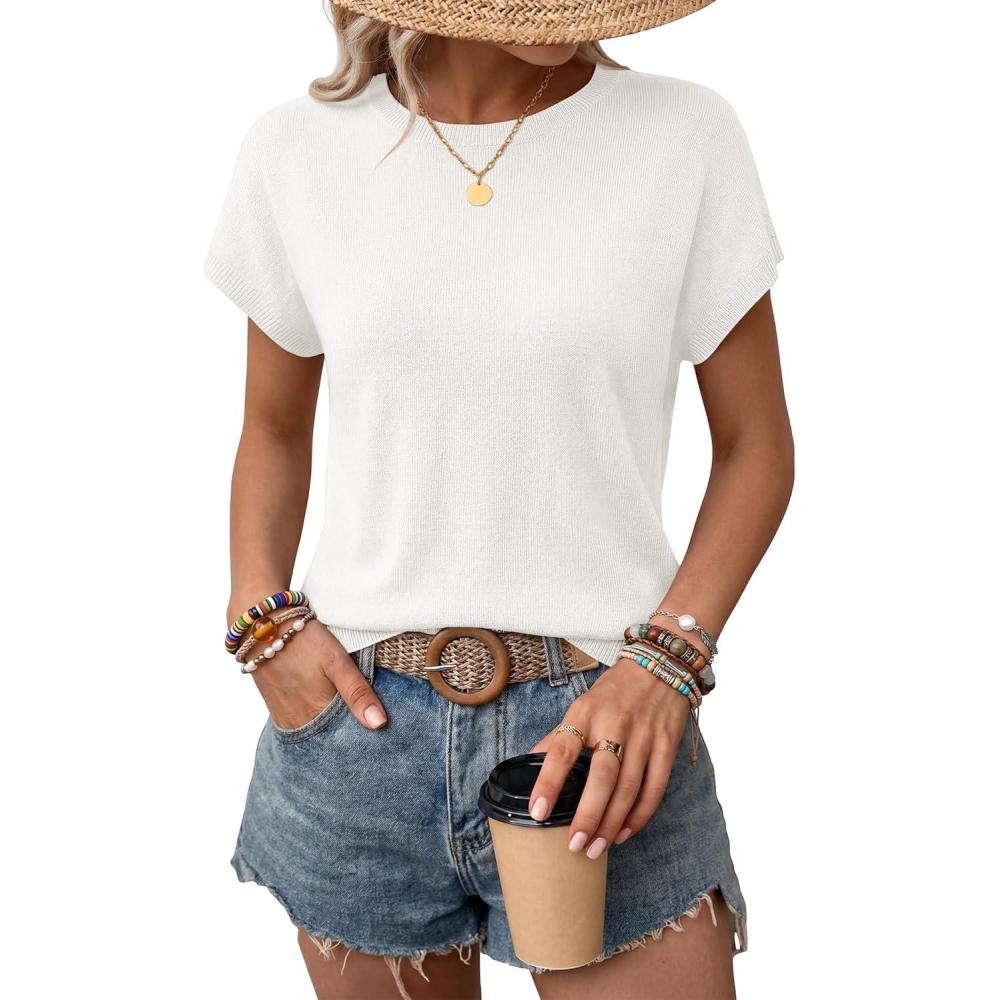imageZESICA Womens Summer Wool Blend Short Sleeve Sweater Top 2026 Business Casual Lightweight Trendy Tank TopsWhite