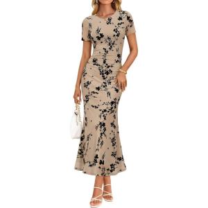 ZESICA Women’s Summer Floral Bodycon Long Dress Ruched Mesh Beach Vacation Formal Cocktail Party Wedding Guest Maxi Dresses(Light Khaki)